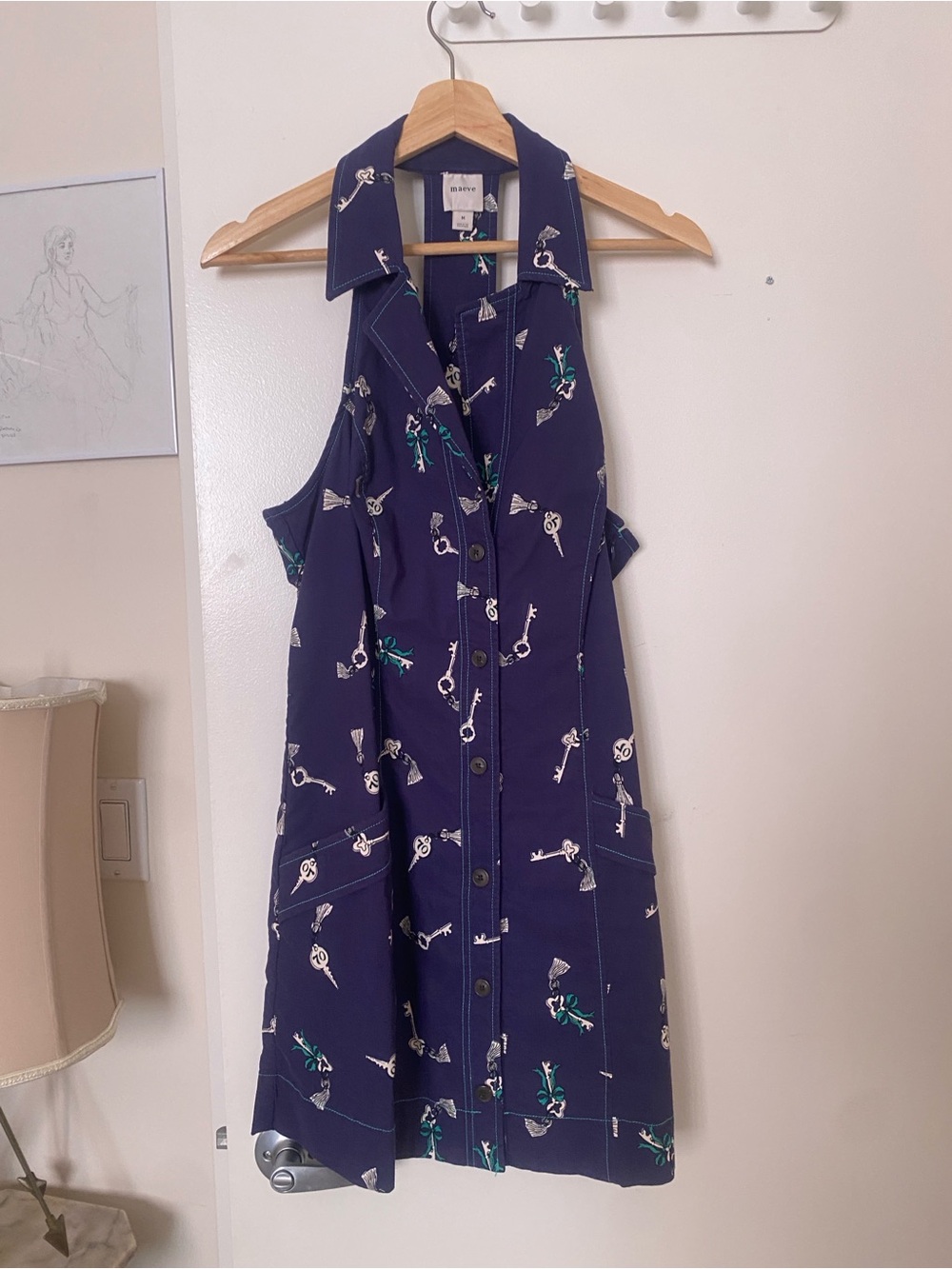 Anthropologie Navy Sleeveless Key-Print Shirt Dress with Teal Accents